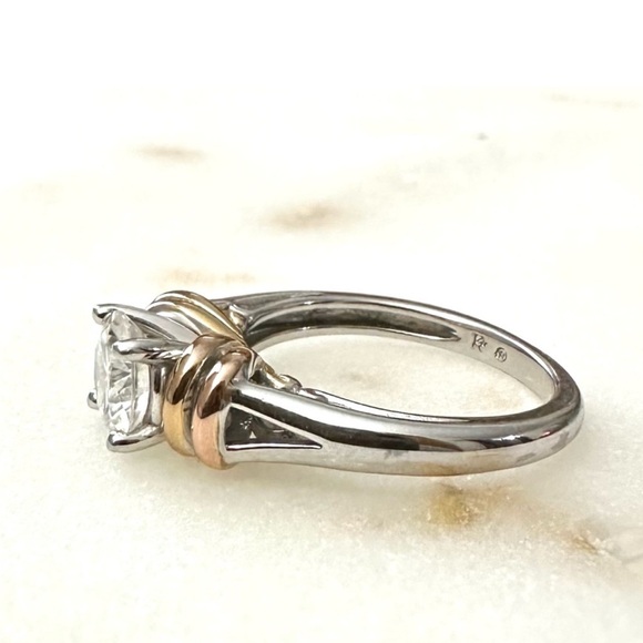 Moissanite 1.00ct DEW Solitaire Platineve Sterling Silver Ring with 14k Gold - Picture 4 of 7